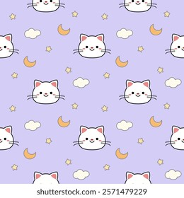 Face cat cartoon so cute. On star moon cloud purple background. Pattern seamless vector illustration. 