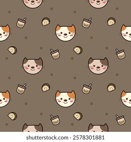 Face cat cartoon so cute. On drinks roll cake brown background. Pattern seamless vector illustration. 