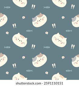 Face cat cartoon so cute. On fish heart background. Pattern seamless vector illustration. 