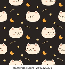 Cara de gato desenho tão fofo. No fundo preto da lua da estrela de meteoro. Ilustração de vetor uniforme de padrão. 