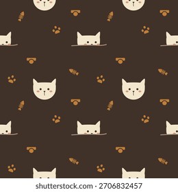 Face cat cartoon so cute. On collar fishbone footprint brown background. Pattern seamless vector illustration. 