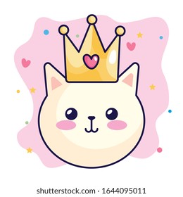 face of cat with crown and cute decoration vector illustration design
