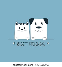 Face cat and dog best friends blue background. Contour silhouette. Funny baby puppy and kitty. Greeting