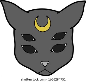 The face of a cat with four eyes and the moon on his forehead. Occultism, mysticism. Cartoon color vector illustration. Isolated on a white background.