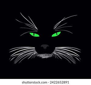 the face of a cat with green piercing eyes, on a  black background, abstract vector drawing