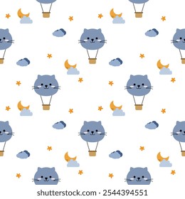 Cara gato balão de ar quente desenho animado tão bonito. No fundo branco da nuvem da lua de estrela. Ilustração de vetor uniforme de padrão. 