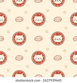 Face cat logo cartoon so cute. On footprint background. Pattern seamless vector illustration. 