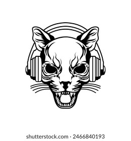 The face of a cat with an open mouth. Cat Head, skull with headphones. Tattoo, animal skull logo. Graphic vector ornament, pet portrait. Music symbol. Tiger, lion, kitten with a mouth with a grin