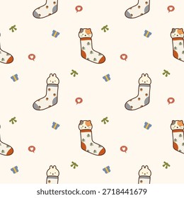 Rosto gato coelho em meia desenhos animados tão fofo. Na caixa de presente corações arco fundo. Ilustração de vetor uniforme de padrão. 