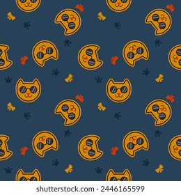 Face cat yellow smile cartoon so cute. On knot footprint blue background. Pattern seamless vector illustration. 
