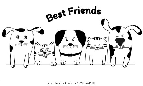 Enfrentar a los gatos y perros los mejores amigos fondo blanco. Silueta de contorno.   Gracioso cachorro y gatito. Feliz día de la amistad. Gráficos infantiles para pantalones en t.Tarjeta de felicitación.
