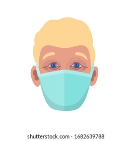 Face of Caucasian man in protective medical mask. Medicine, healthcare, epidemic, virus, warning, protect. Vector illustration isolated on white background