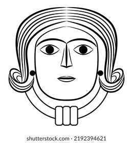 Face of a Celtic goddess wearing torc. Black and white linear silhouette.