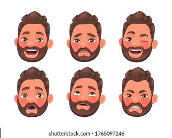 Face of the character of a bearded man with different emotions. Laughter, anger, surprise, sadness. Emoji. Set of human emotion expressions. Vector illustration in cartoon style