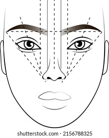 Face chart Blank. Eyebrows shaping. Makeup Artist Vector template. Female face. Outline woman portrait for makeup tutorial, beauty school, visage. Young girl model. 