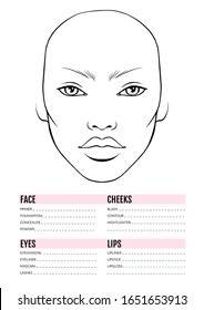 Face chart Blank. Makeup Artist Vector template. Female face. Outline woman portrait for makeup tutorial, beauty school, visage. Young girl model.
