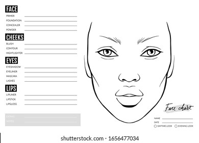 Face chart Blank. Makeup Artist Vector template. Female face. Outline woman portrait for makeup tutorial, beauty school, visage. Young girl model.