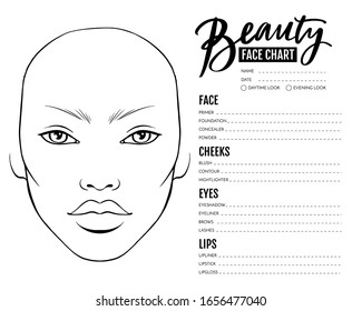 Face chart Blank. Makeup Artist Vector template. Female face. Outline woman portrait for makeup tutorial, beauty school, visage. Young girl model.
