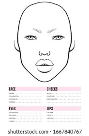 Face chart Blank. Makeup Artist Vector template. Female asian face. Outline woman portrait for makeup tutorial, beauty school, visage. Young girl model.