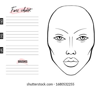 Face chart Blank. Makeup Artist Vector template. Female face. Outline woman portrait for makeup tutorial, beauty school, visage. Young girl model.