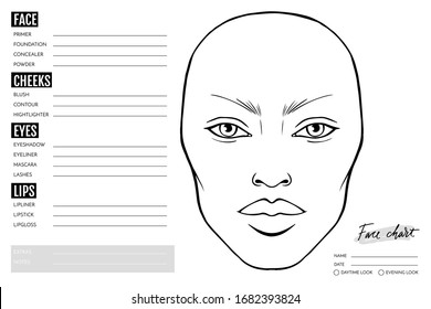 Face chart Blank. Makeup Artist Vector template. Female face. Outline woman portrait for makeup tutorial, beauty school, visage. Young girl model.