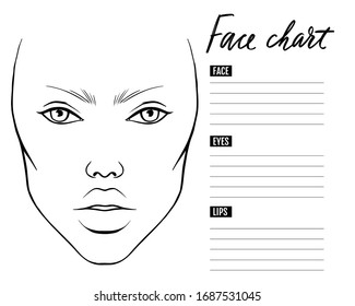 Face chart Blank. Makeup Artist Vector template. Female face. Outline woman portrait for makeup tutorial, beauty school, visage. Young girl model.