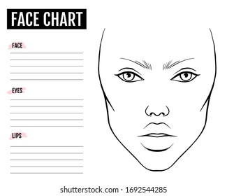 Gesichtskarte Leere. Schminken Sie die Vorlage für die künstlerische Vektorillustration. Weibliches Gesicht. Umrisses Frauenportrait für Make-up Tutorial, Schönheitsinstitution, Visage. Junge Mädchen-Modell.