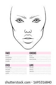 Gesichtskarte Leere. Schminken Sie die Vorlage für die künstlerische Vektorillustration. Weibliches Gesicht. Umrisses Frauenportrait für Make-up Tutorial, Schönheitsinstitution, Visage. Junge Mädchen-Modell.