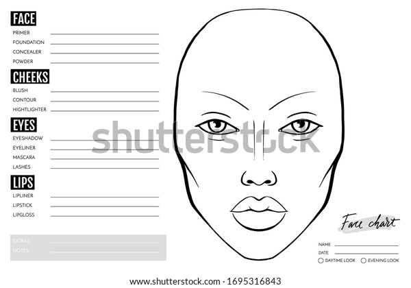 Face chart Blank. Makeup Artist Vector template. Female face. Outline