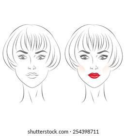 Face chart. Blank and with makeup on templates. Vector illustration.