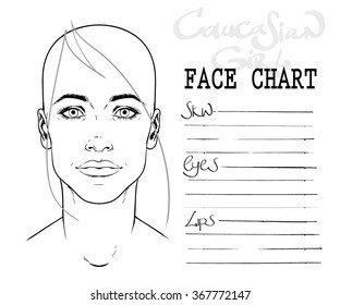 Face chart make up artist blank. Caucasian type of face. Fashion illustration. Hand drawn vector isolated on white.