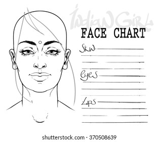 Face chart make up artist blank.  Indian type of face. Fashion illustration. Hand drawn vector isolated on white.