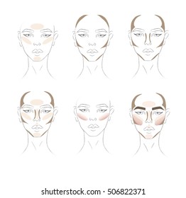 Face chart Makeup Artist Blank. Template. Makeup Contur Highlighting and shading. 