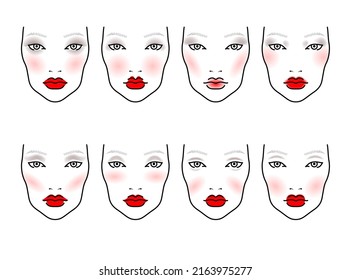 Face chart for makeup of woman with blushes, eyeshadows, red lipstick