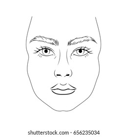 Face chart model and no makeup and thick eyebrows   realistic features  Empty worksheet for make up artist practice  Template for drawing and cosmetic products  Makeup layout for visage