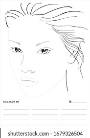 Face chart template for practicing the skill of applying makeup in different styles for stylists and image makers.