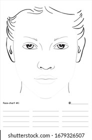 Face chart template for practicing the skill of applying makeup in different styles for stylists and image makers.