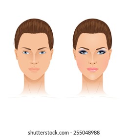 Face chart template. With and without makeup. Vector illustration.