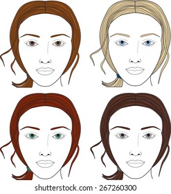 Face Charts set. Woman face. Different color of eyes and hair