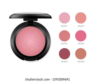 Face cheek blusher. Compact baked blush powder in a round black plastic case. Glossy makeup powder with color swatches set. Cosmetic product container template. 3d vector illustration. Top view.