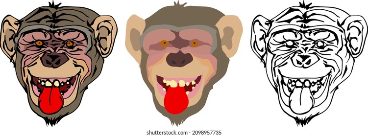Face of cheeky monkey sticking out its tongue. Hand drawn vector illustration.