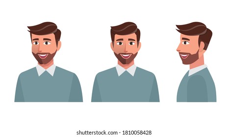 Face Cheerful bearded man wearing casual clothes.front, side., Vector eps10