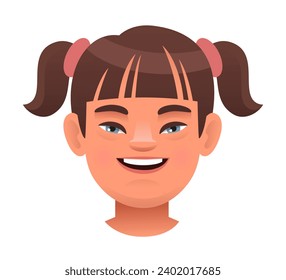 Face of a cheerful girl with down syndrome. Expression on the face of a sunny child. Avatar of a girl with the genetic disease Down Syndrome. Vector illustration on a white background.