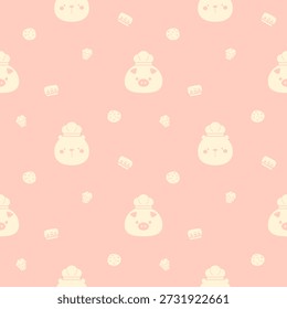 Cara chef urso porco desenho animado tão bonito. No fundo de bolinho de bolo rosa. Padrão sem emenda ilustração vetorial. 