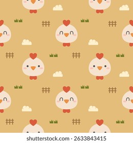 Face chicken cartoon so cute. On fence grass cloud background. Pattern seamless vector illustration. 