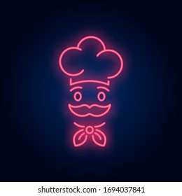 Face of chief cook in hat neon sign. Cooking, catering service, restaurant advertising design. Night bright neon sign, colorful billboard, light banner. Vector illustration in neon style.