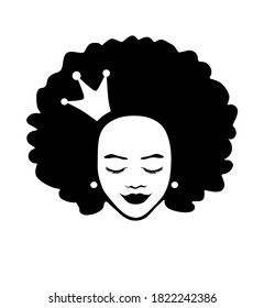 Face Of A Child.Black African American Girl Woman Beautiful Lady Head Face Vector Silhouette Drawing Illustration With Curly Hair And Crown Isolated On White Background.Queen.Princess. 