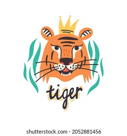 Face Chinese tiger with crown lettering. Wild predator king of beasts. Animal vector illustration flat cartoon style
