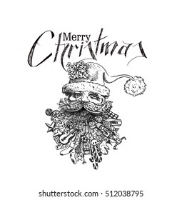 Face of  christmas character Santa Claus doodle, Cartoon style Santa Claus. Merry Christmas Text Christmas and New Year - vector illustration