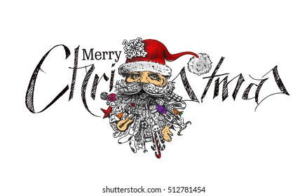 Face of  christmas character Santa Claus doodle, Cartoon style Santa Claus. Merry Christmas Text Christmas and New Year - vector illustration